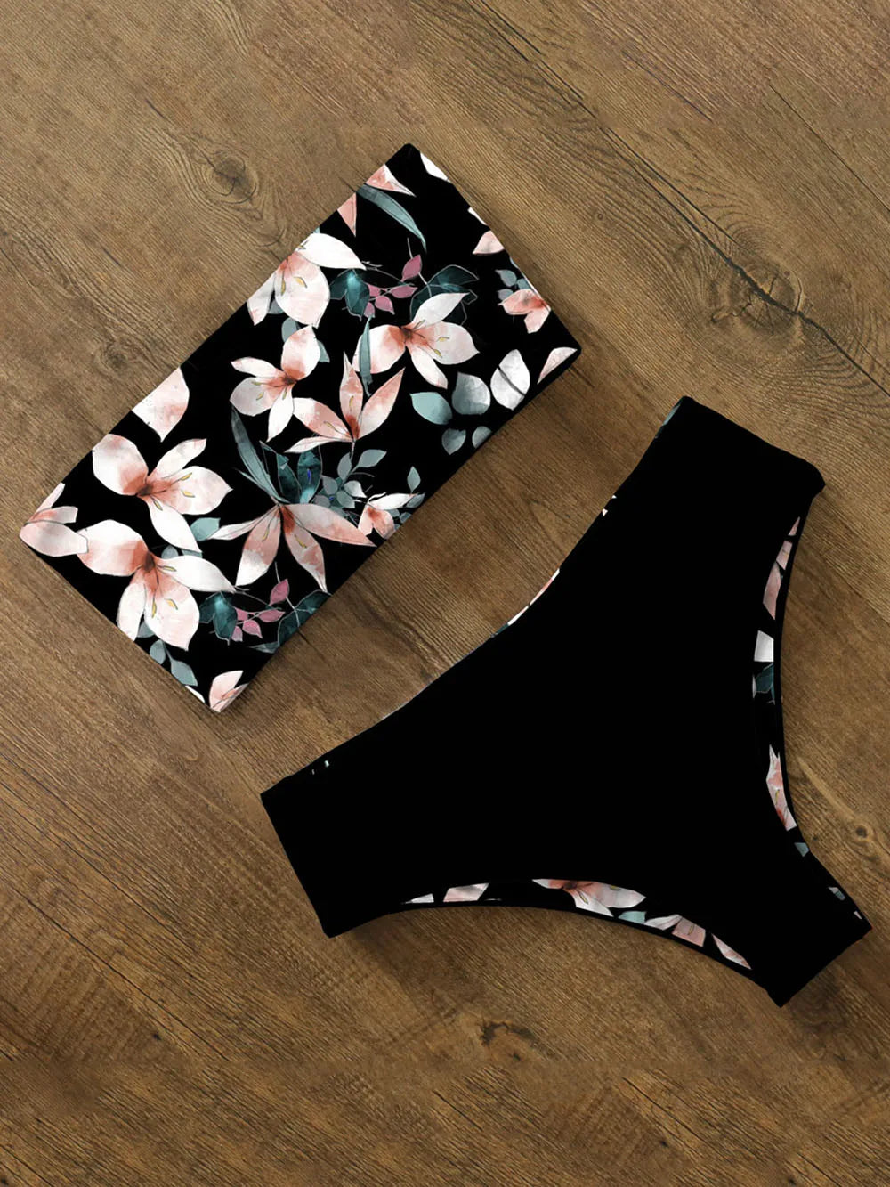 High Waist Bikini Set - Cross Back Bandeau Swimsuit with Print