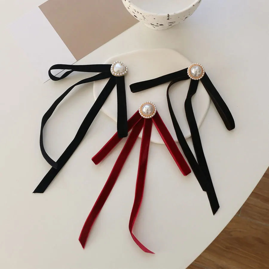Anime Style Velvet Bow Pearl Brooch - Sweet Academic Pin for Girls