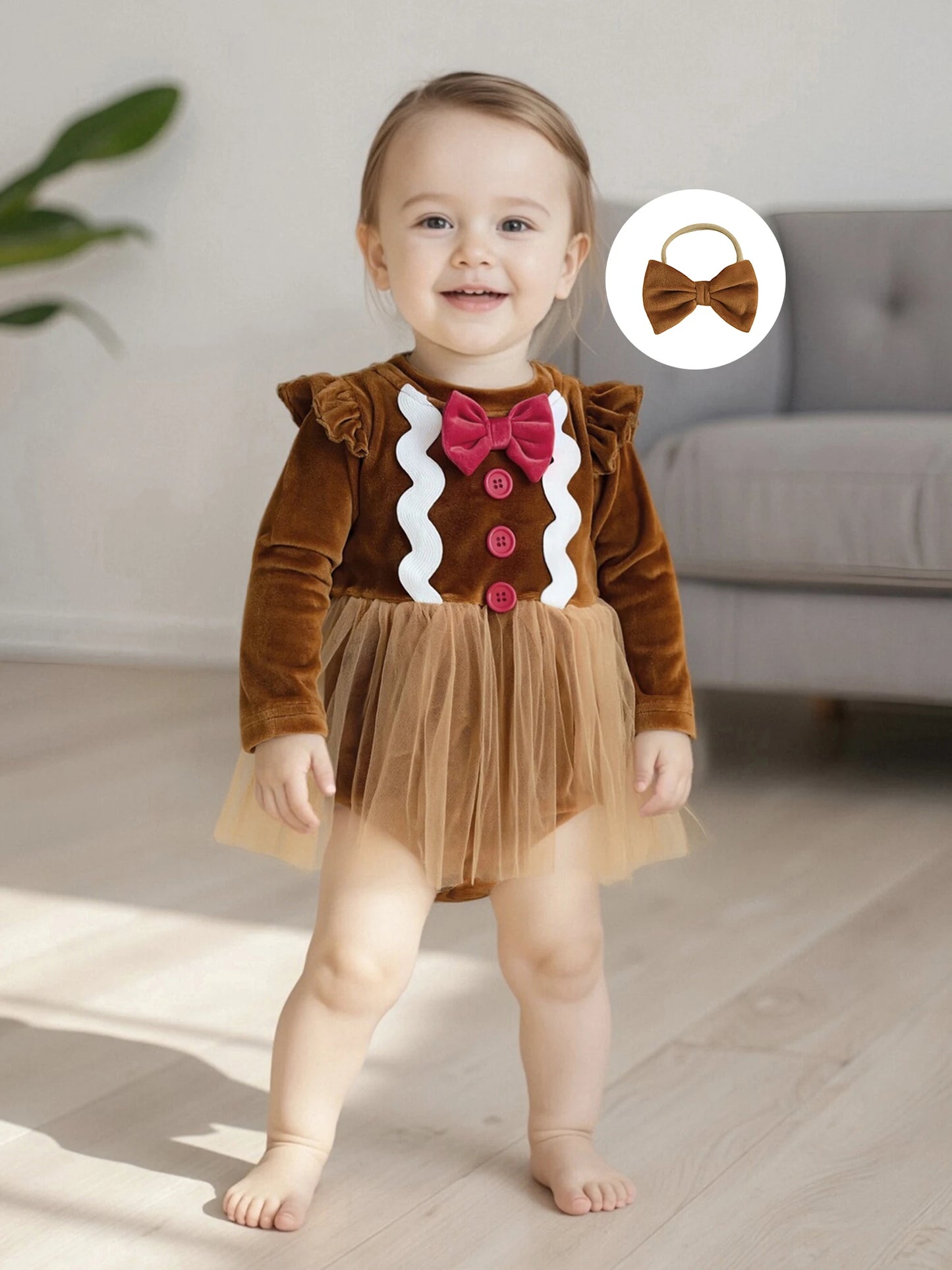 Baby Girls Christmas Gingerbread Man Romper Dress with Bow Headband (0-18M)