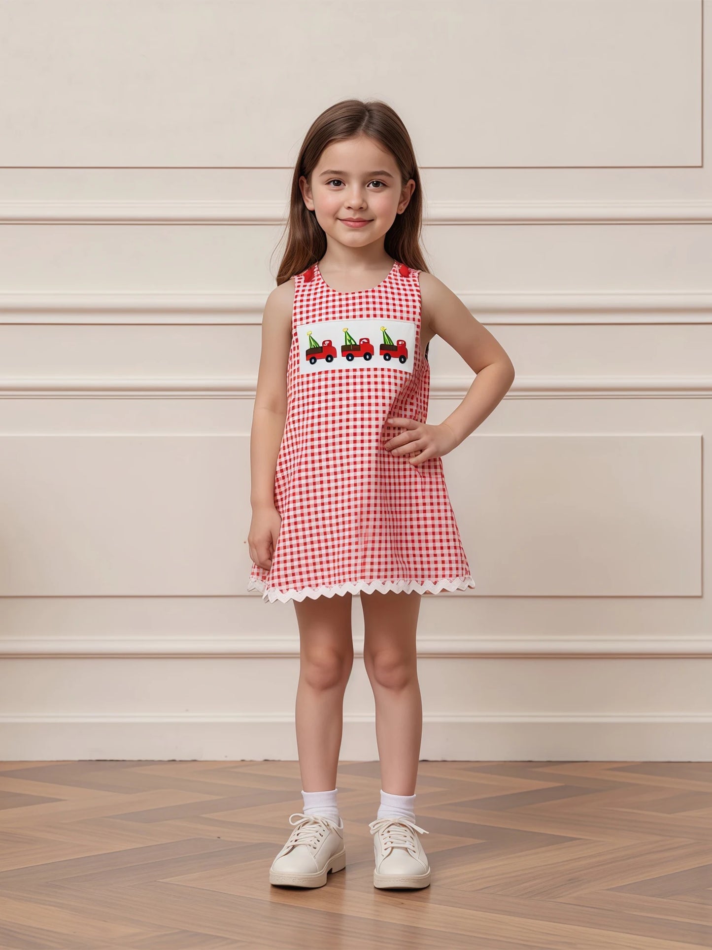 Girls' Christmas Tank Dress - Sleeveless Plaid Dress with Embroidered Tree Design