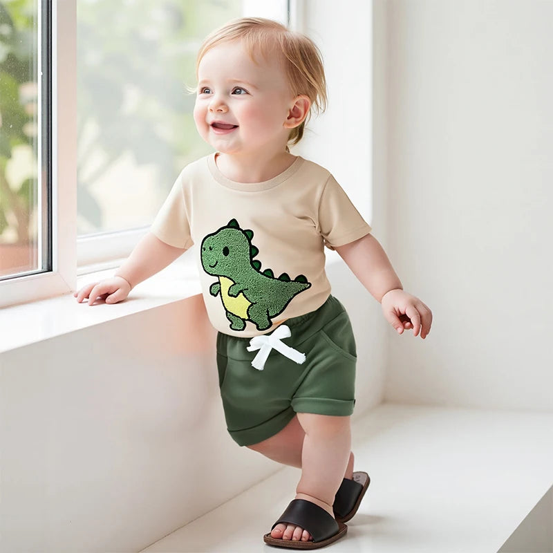 0-3Y Toddler Baby Boys Clothes Set Dinosaur Embroidery Short Sleeve T-shirts Solid Elastic Waist Shorts