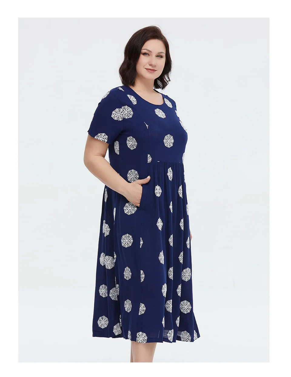 Women's Summer Elegant Cotton Oversize Office Polka Dot Embroidery Design Pocket Long Dress