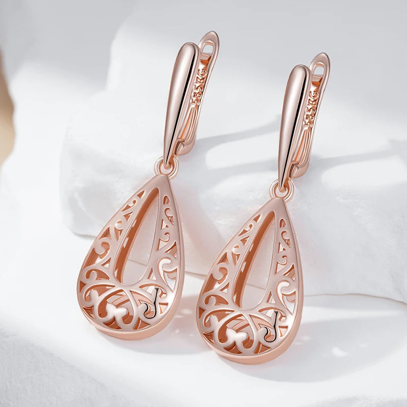 Glossy Rose Gold Dangle Earrings - Elegant Flower Design for Daily Wear