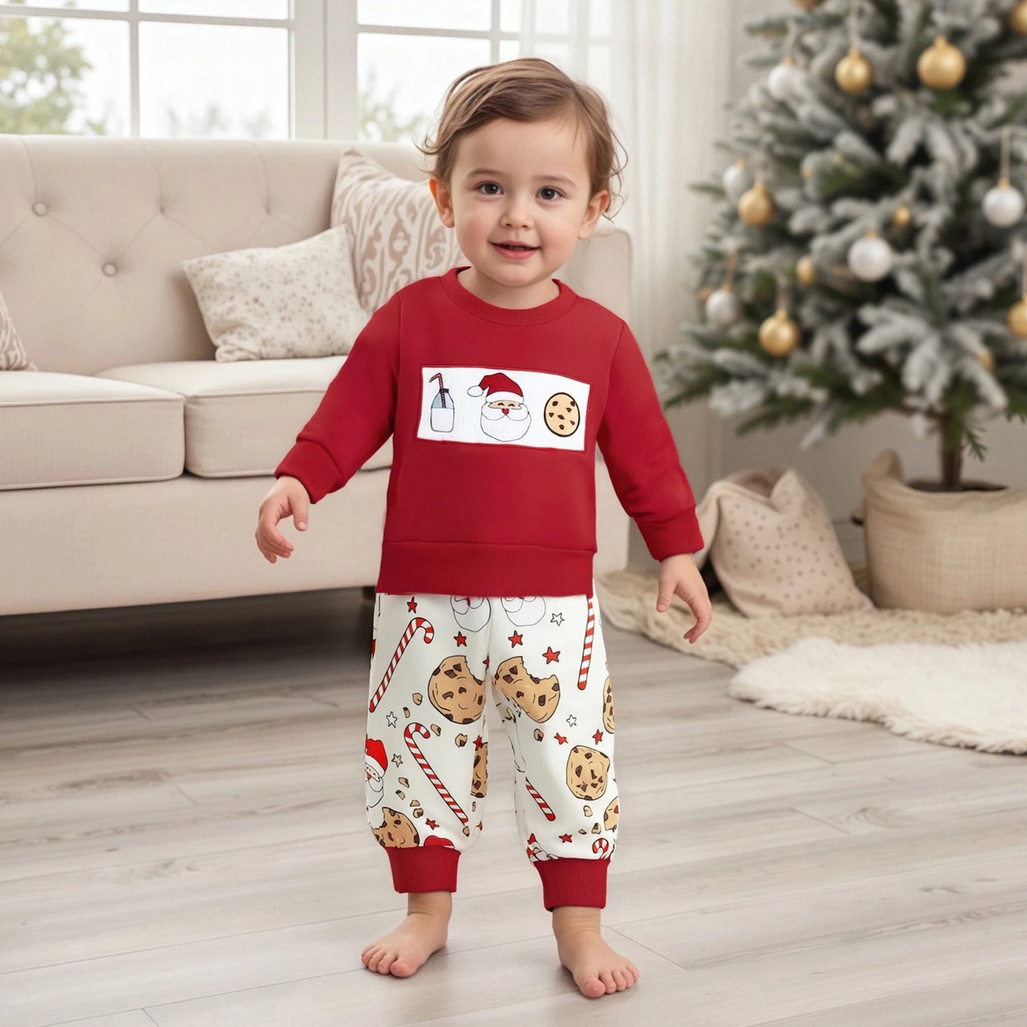 Baby Christmas Outfit Set - Santa Claus Candy Print Crew Neck Top & Pants