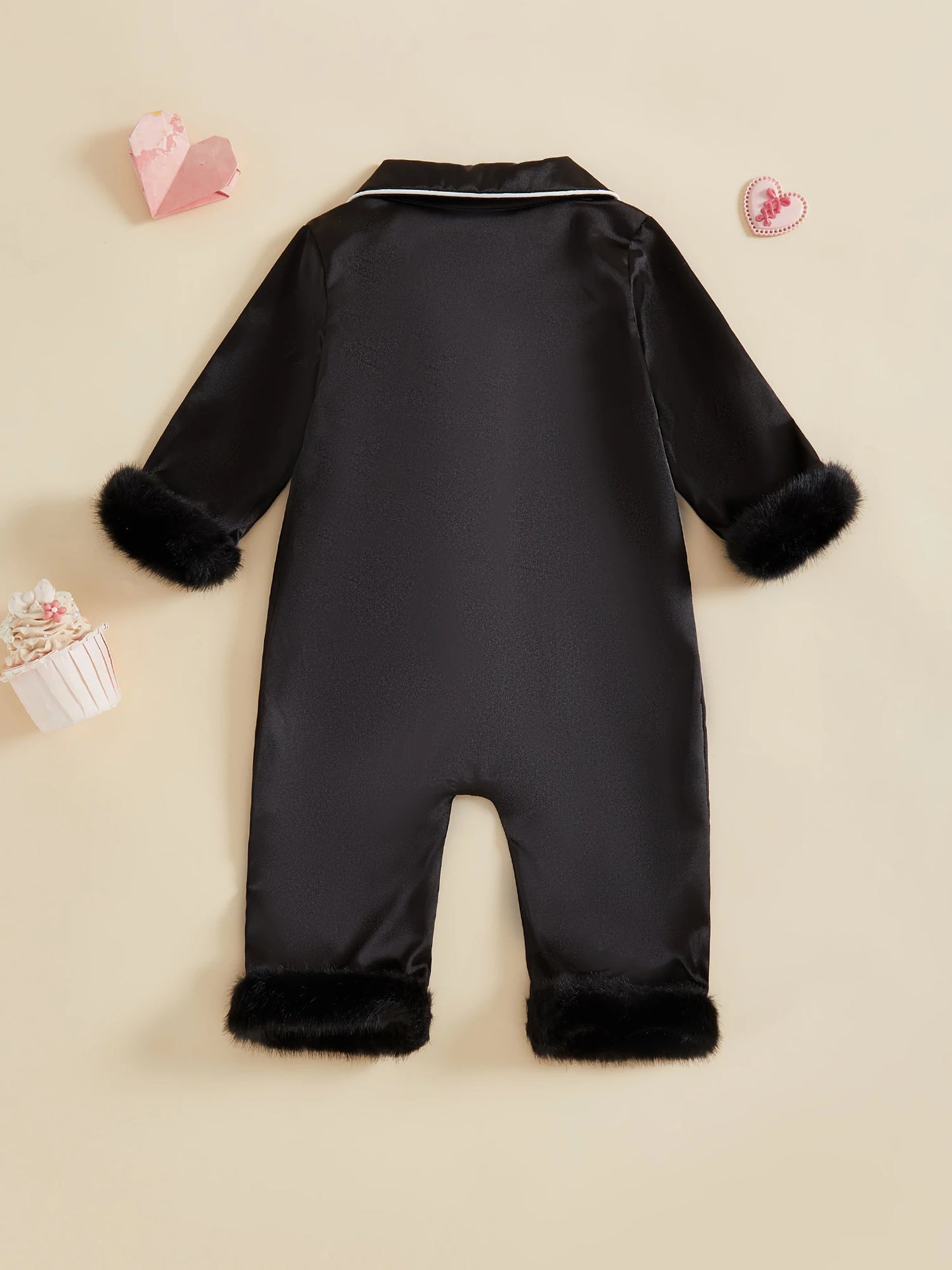 Baby Satin Pajama Romper - Fur Trim Button Down with Lapel