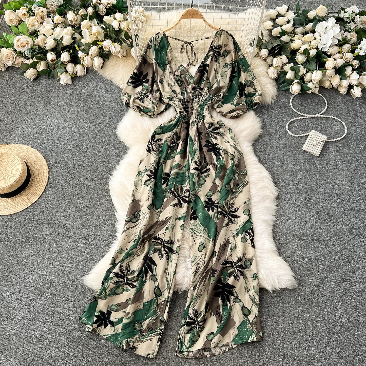 Women's V-Neck Polka Dot Jumpsuit - Wide Leg Trousers with Dolman Sleeves