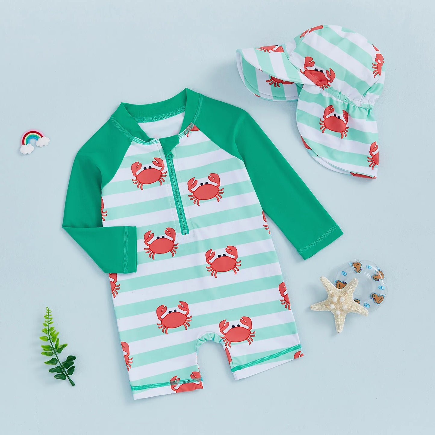 0-4Y Toddler Kids Boys Swimwear Summer Crab Stripe Print Zipper Rash Guard Swimsuit and Hat Beachwear
