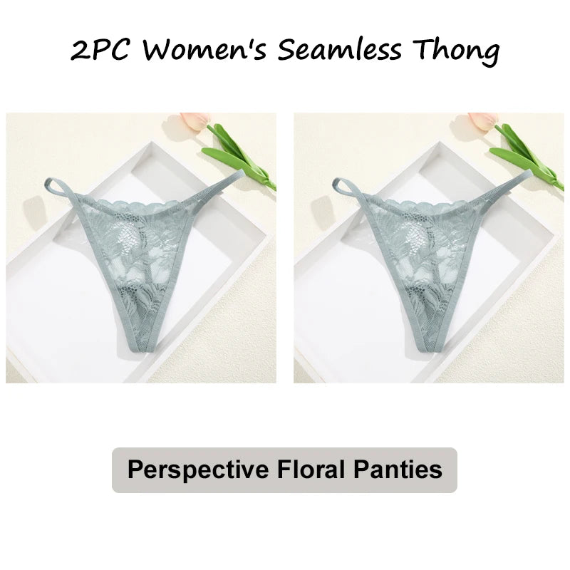 Floral Lace Thong Underwear - Low Waist Transparent Briefs for Women