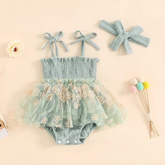 Baby Girls Flower Embroidered Tulle Romper Dress - Tie-Up Spaghetti Strap Jumpsuit with Headband (0-24M)