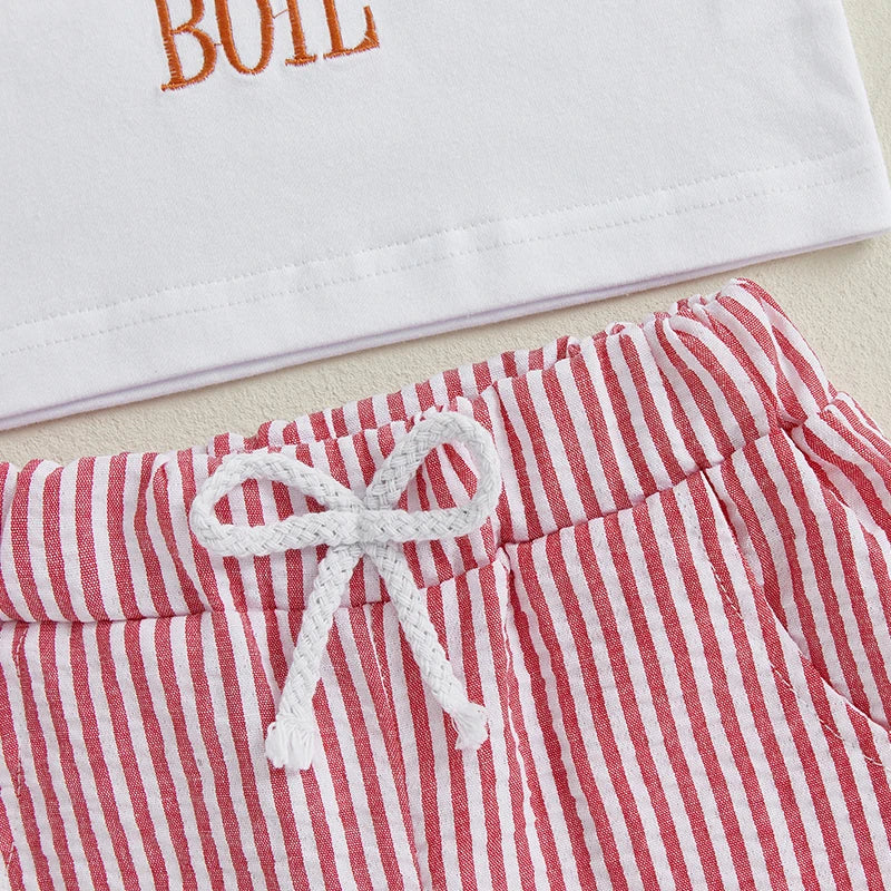 0-7Y Casual Kids Boys Summer Clothes Sets 2pcs Short Sleeve O Neck Lobster Letter Print T Shirts and Striped Shorts