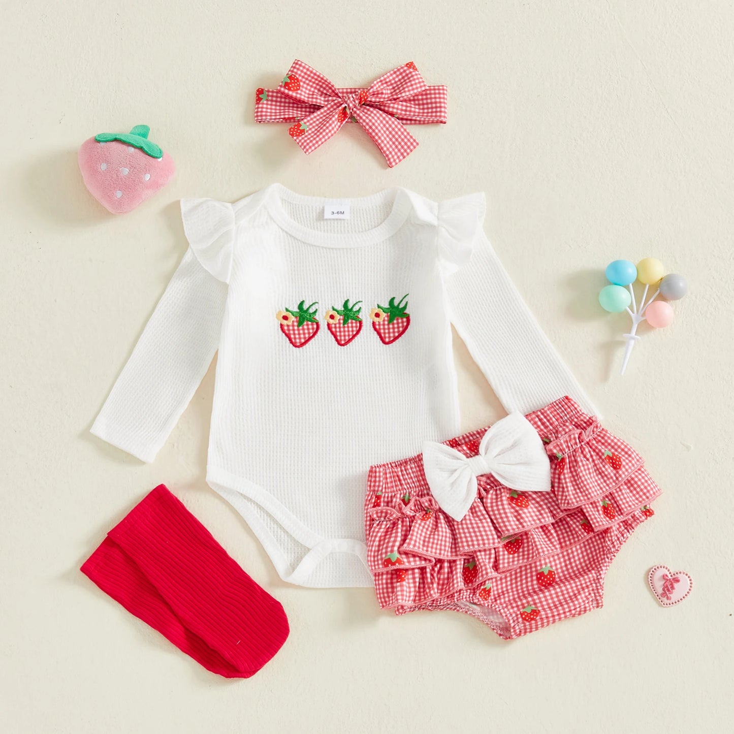 Baby Girls Strawberry Outfit Set - 4-Piece Long Sleeve Romper, Plaid Shorts, Headband & Socks (0-18M)