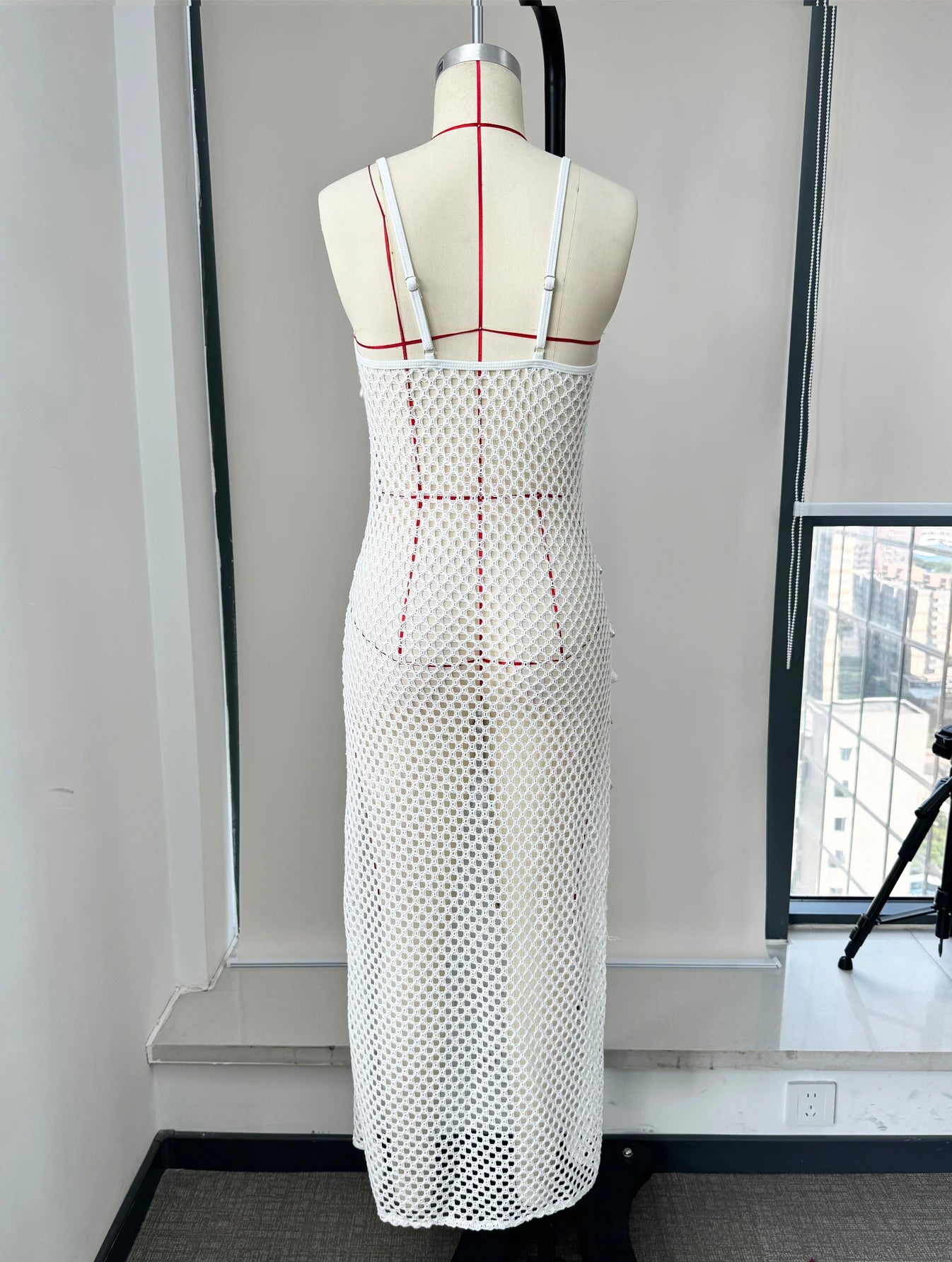 Women's Summer Pearl Crochet Dress knitting Sleeveless Halter Lace Up Patchwork Long Dress