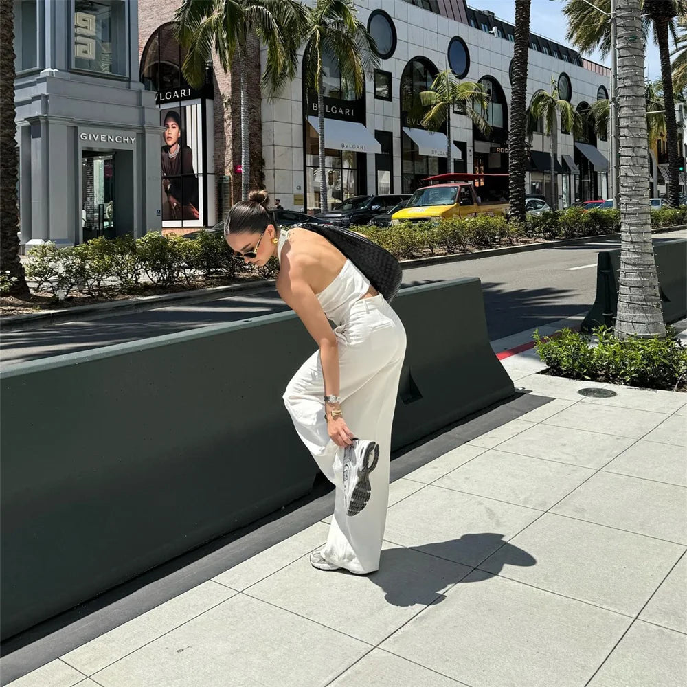 Women's Solid Colour Backless Hanging Neck Collar Vest Long Trousers Set