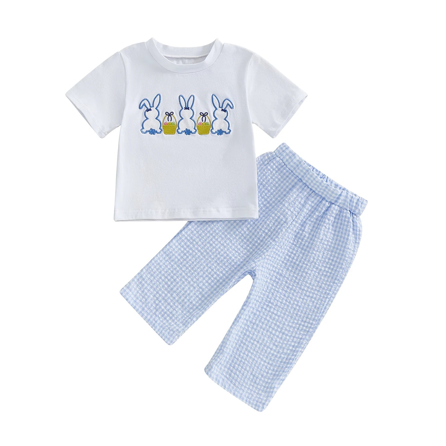 0-4Y Toddler Kids Boys Easter Clothes Sets Short Sleeve Rabbit Embroidery T Shirts Plaid/Striped Pants Set