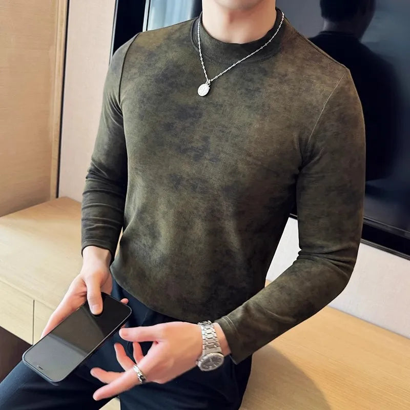 Men's Spring Autumn Tie-Dye 95% Cotton Long Sleeve Slim Fit Casual Elastic T-Shirt