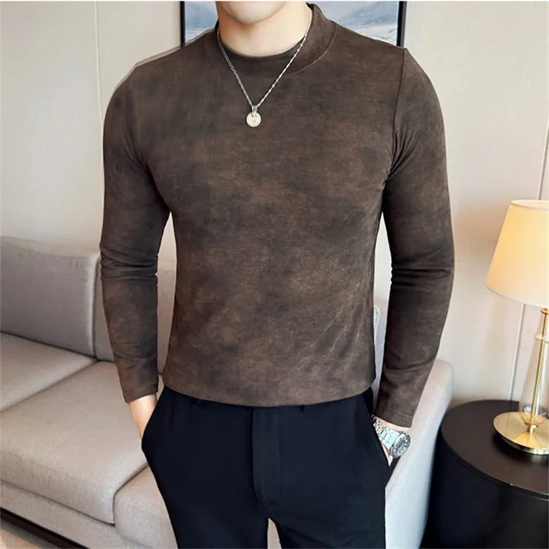 Men's Spring Autumn Tie-Dye 95% Cotton Long Sleeve Slim Fit Casual Elastic T-Shirt