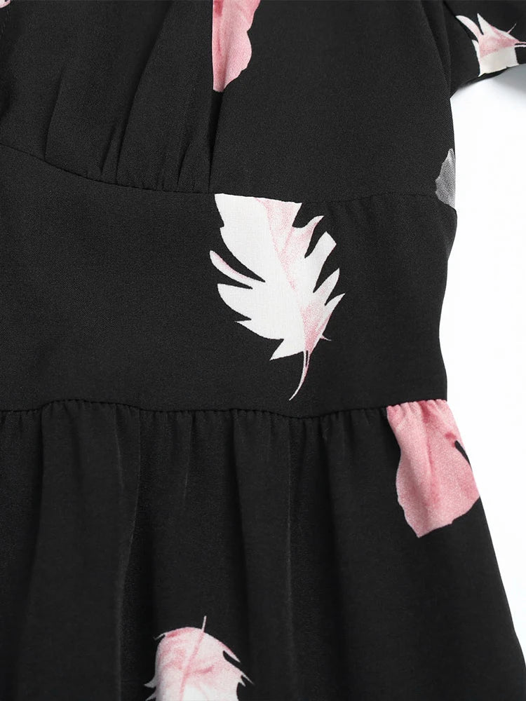 Women's Autumn Winter Casual Print Single Breasted Short Sleeve V Neck High Waist Dress