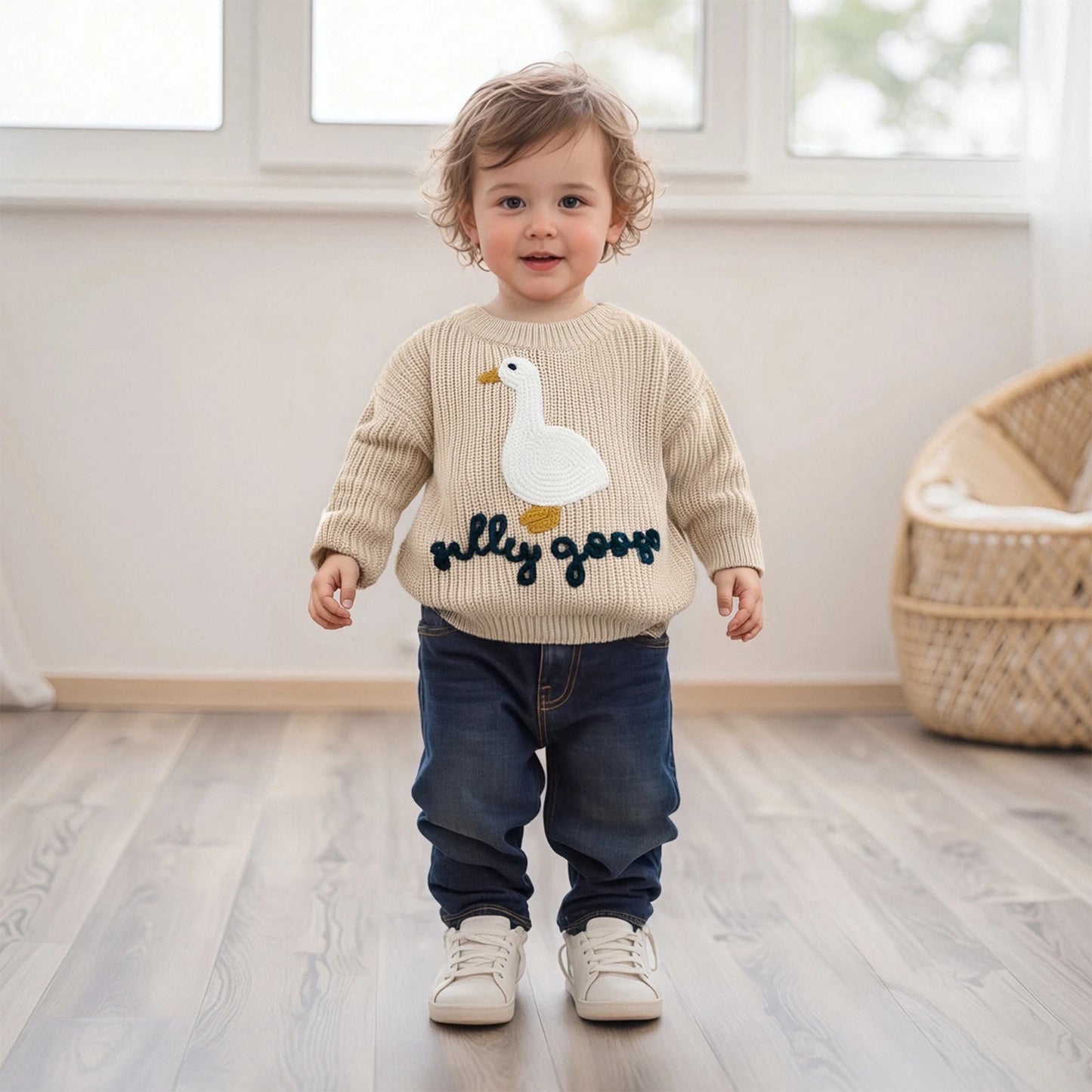 Toddler Baby Goose Sweater - Animal Letter Embroidered Crewneck Chunky Knit