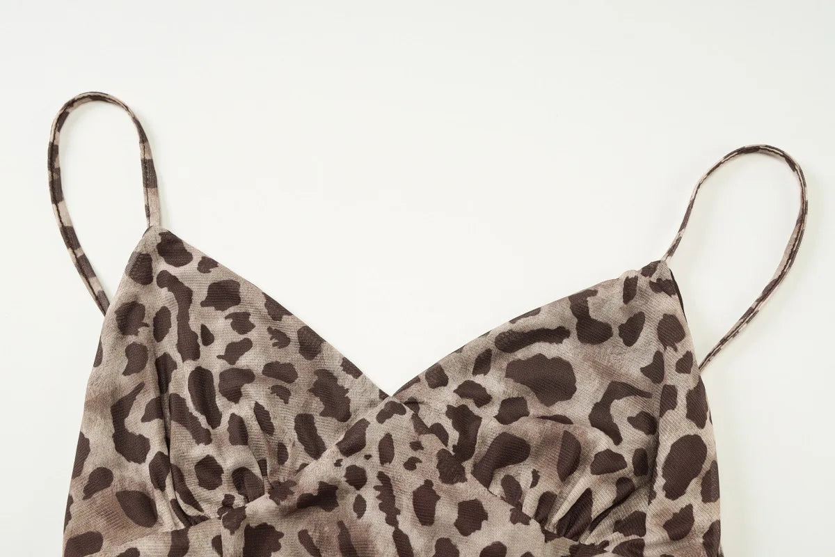 Women's Leopard Print Backless Mini Dress - V Neck Mesh Slip Coquette Summer Dress