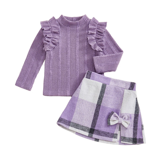 Girl's Skirt Set - Long Sleeve Crew Neck T-Shirt with Plaid Skirt