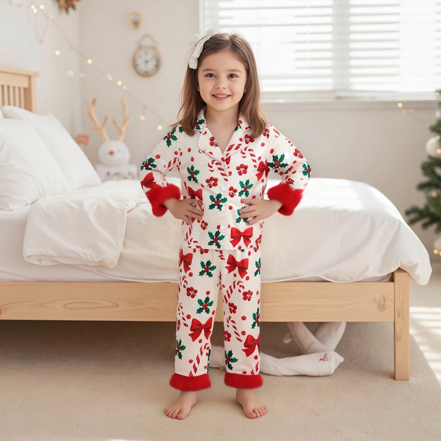 Kids Girls Christmas Satin Pyjamas Set - Candy Cane Bow Print Button Down Top & Pants (0-7Y)