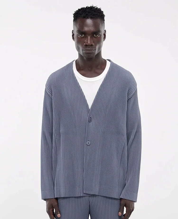 Men's Japanese Pleated Premium Sense Jacket Casual Loose Collarless Set