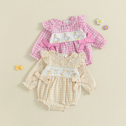 Baby Girls Plaid Bubble Romper - Duck Embroidery Long Sleeve Jumpsuit (0-18M)