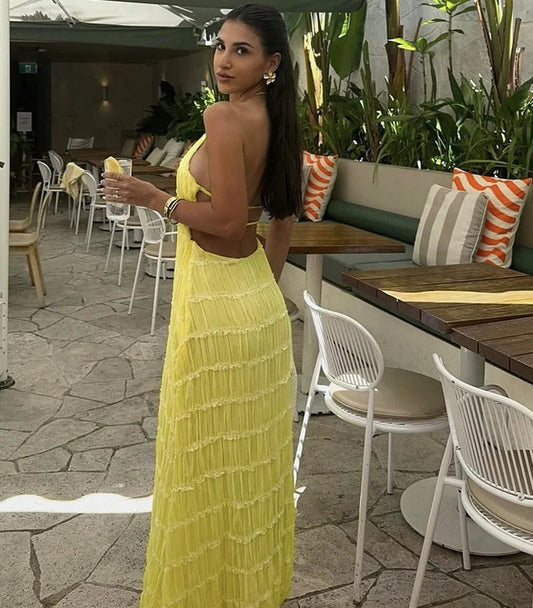 Women's Summer Backless Frill Hem Maxi Outfit Sleeveless Halter Bandage Beach Dress