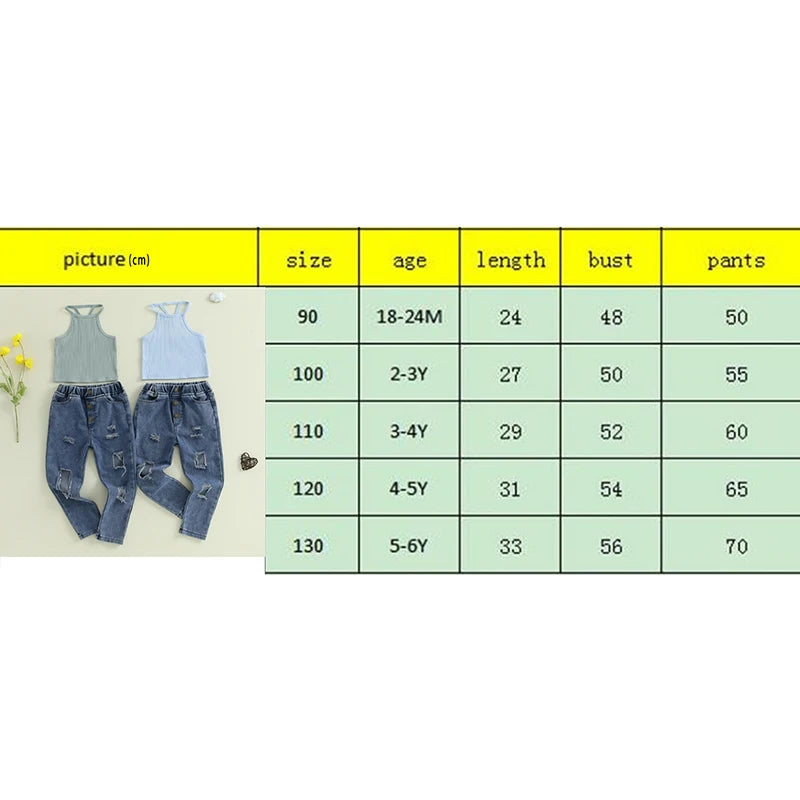 1-6Y Kids Girls Summer Clothes Sets Ribbed Halter Tank Tops and Elastic Ripped Denim Pants