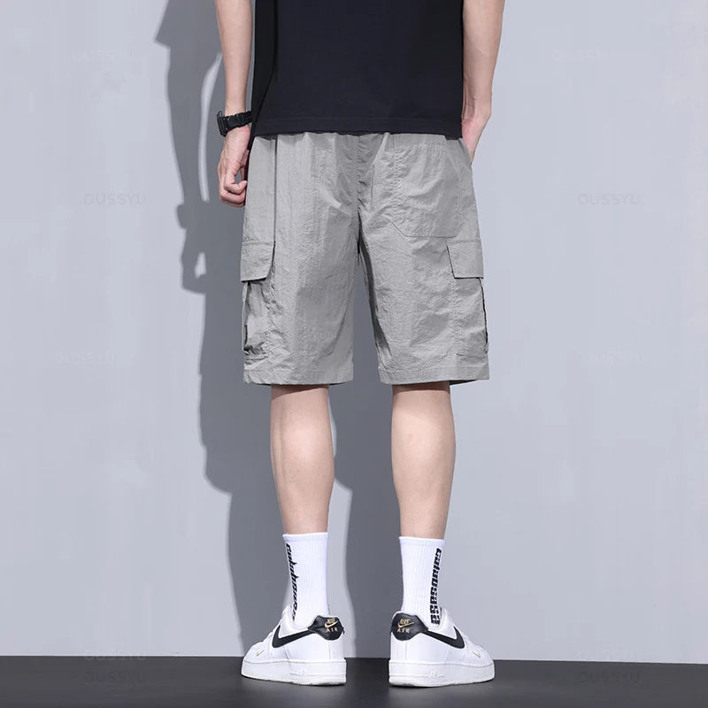 Summer Ultrathin Shorts Pants Men Cargo Work Side Pockets Joggers Grey Bermuda Knee Beach Nylon Short Pant Male Big Size M-5XL
