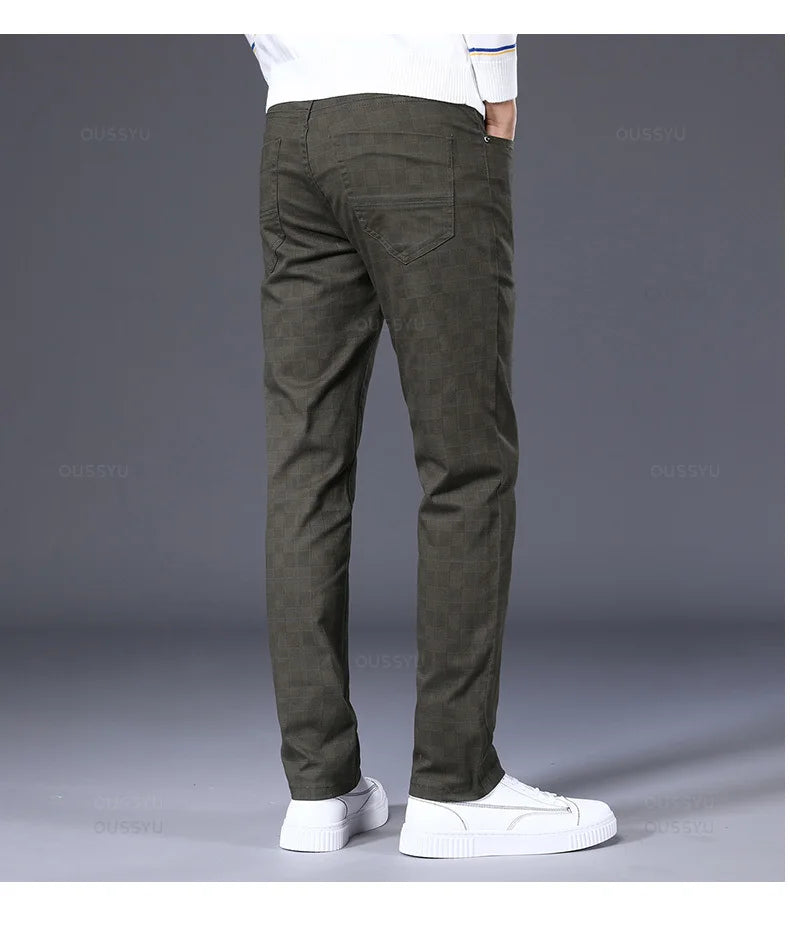 Men's Plaid 98% Cotton Stretch Straight Classic Trousers