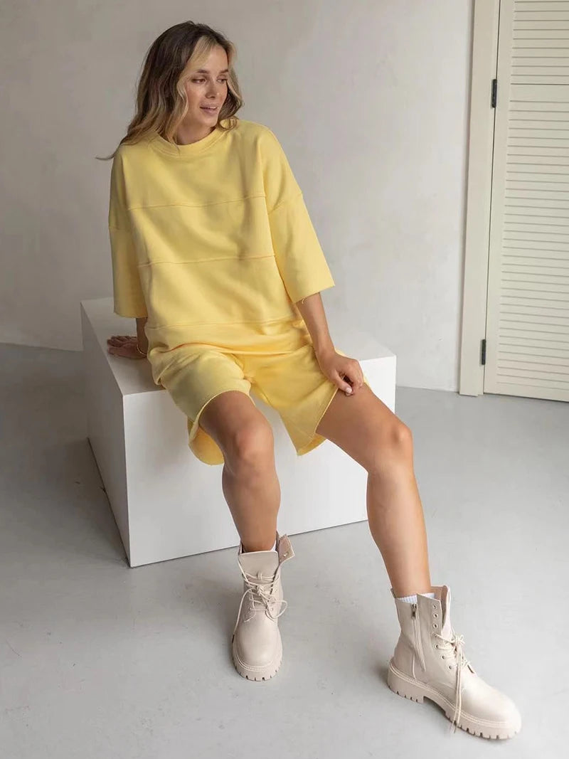 Women's 100% Cotton Shorts Set Half Sleeve Patchwork T Shirts & High Waist Shorts Two Pieces Set