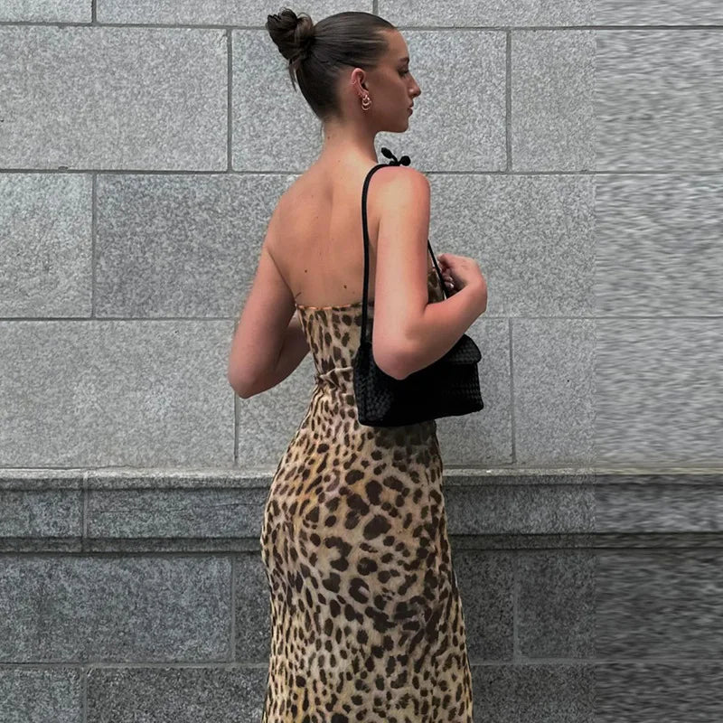 Women's Vintage Leopard Print Straps Long Slip Backless Dress