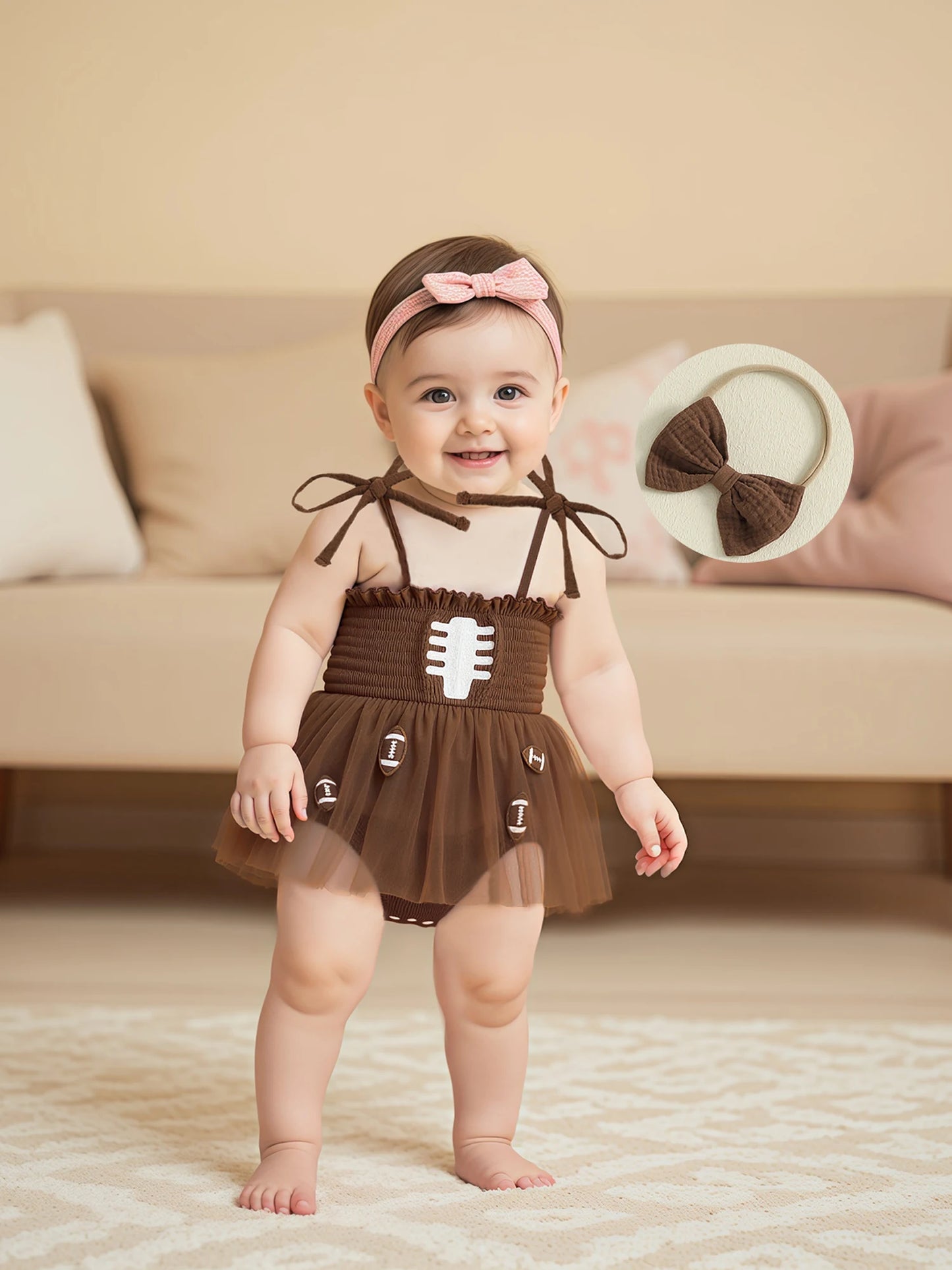 Baby Girls Football Embroidered Romper Dress with Bow Headband (0-18M)
