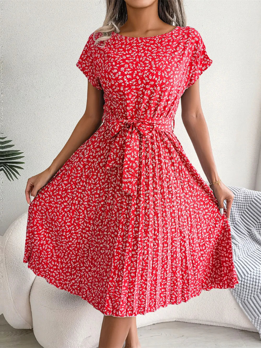Women's Floral Pleated A Line Long Spring Summer Short Sleeve High Waist Chic Dress