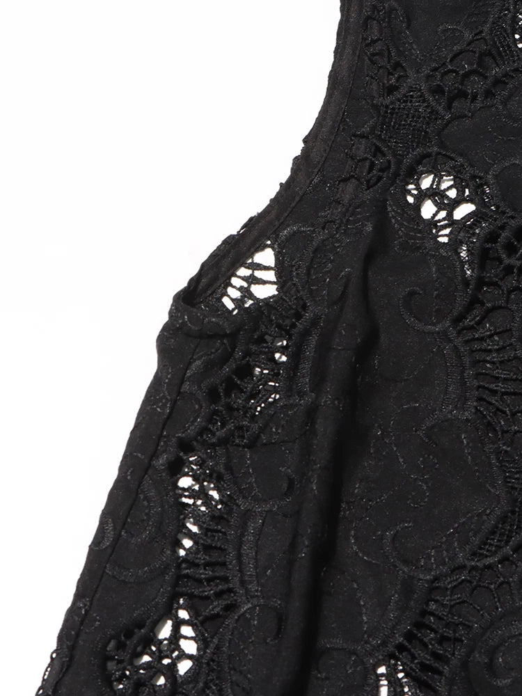 Women's Solid Hollow Out Two Piece Set - Stand Collar Sleeveless Top & Wide Leg Trousers