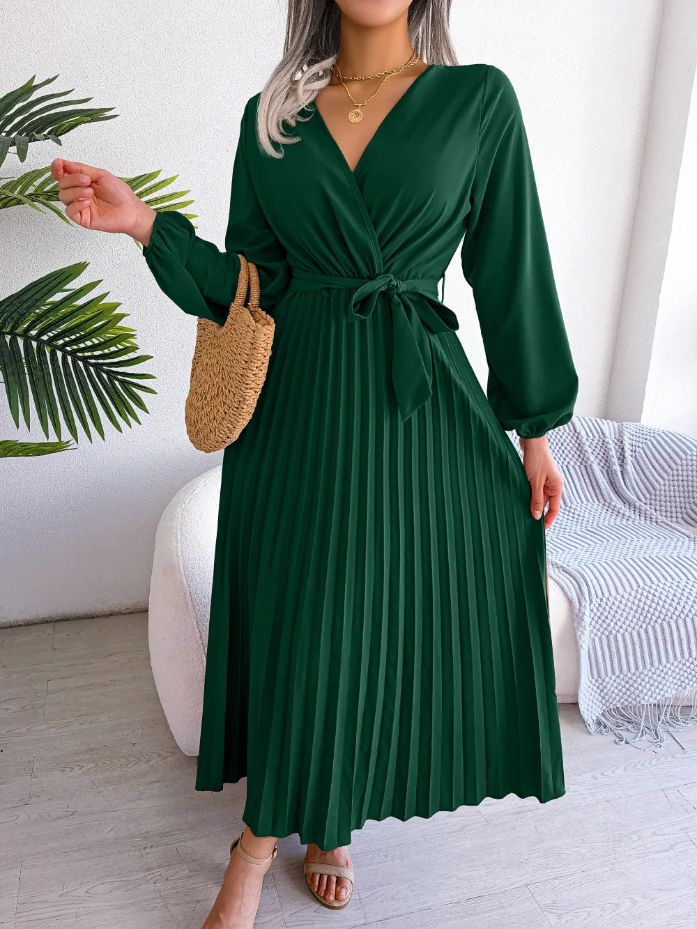 Women's Spring Summer Cross V Neck Large Hem Pleated Long Dress