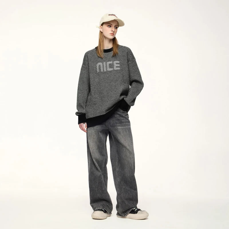 Unisex Letter Print Loose Knit Pullover Sweater