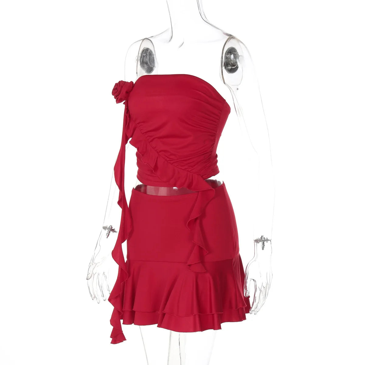 Women's Ruffled Detail Ruched 2 Piece Set Backless Summer Floral Applique Crop Top and Skirt Co-ord Set