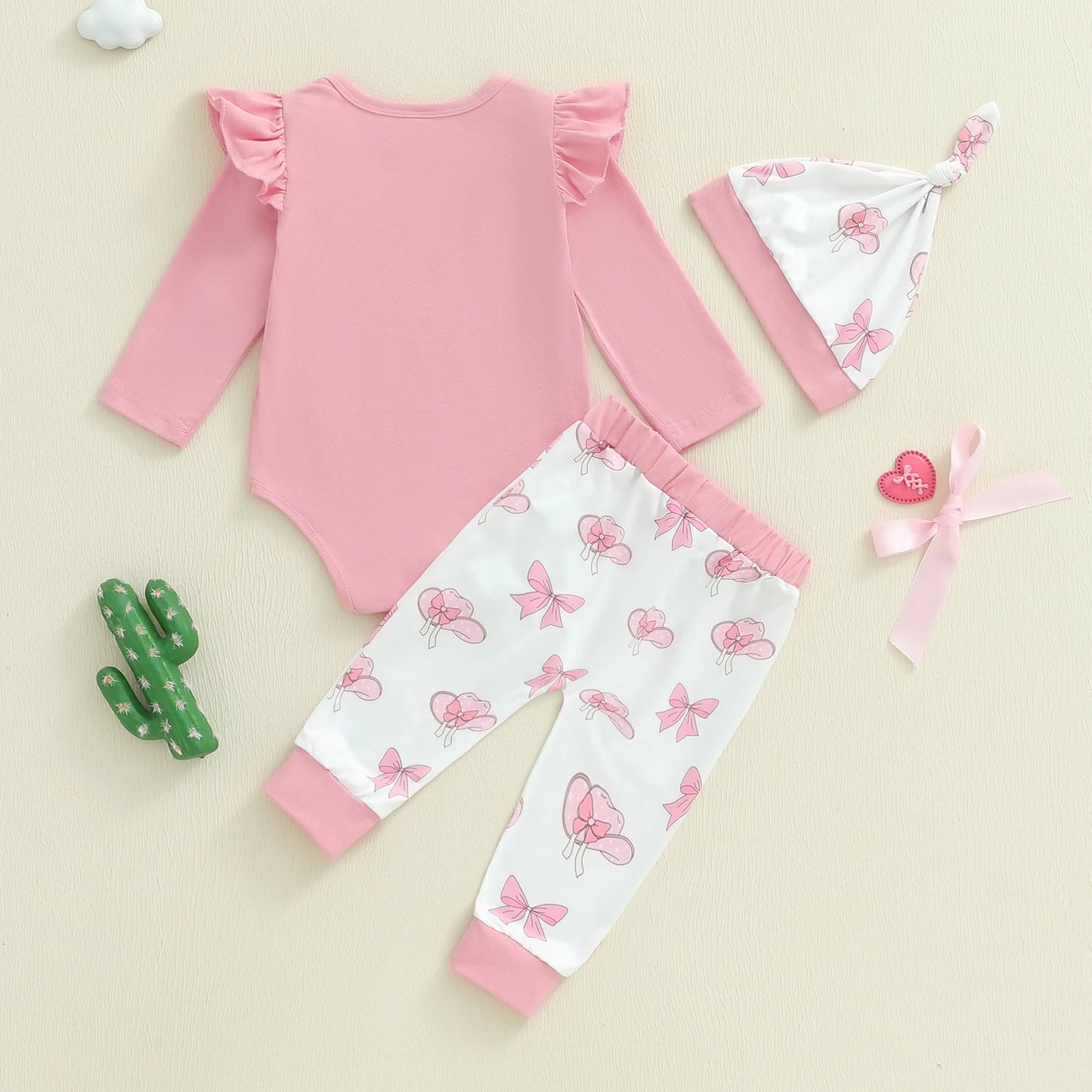 Baby Girls Western Fall Winter Clothes Set - Long Sleeve Boots Letters Print Romper with Bow Pants & Hat