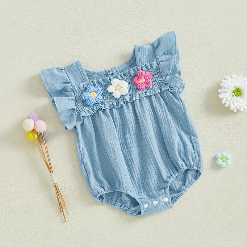 Newborn Baby Girls Flower Embroidery Romper - Smocked Flying Sleeve Jumpsuit (0-12M)