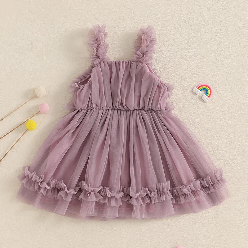 Girls' Summer Princess Dress - Sleeveless Mesh Ruffled Lace Tulle Sundress
