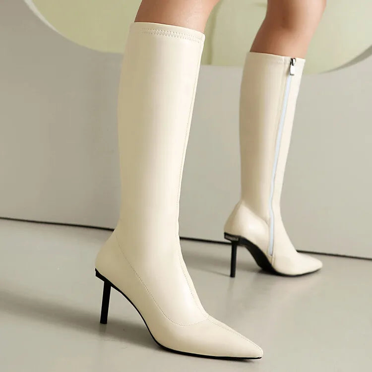 Women's Text Art High Heel Boots Elastic Leather Side Zipper Pointed Knee Boots 8cm/10cm Thin Heel Shoes