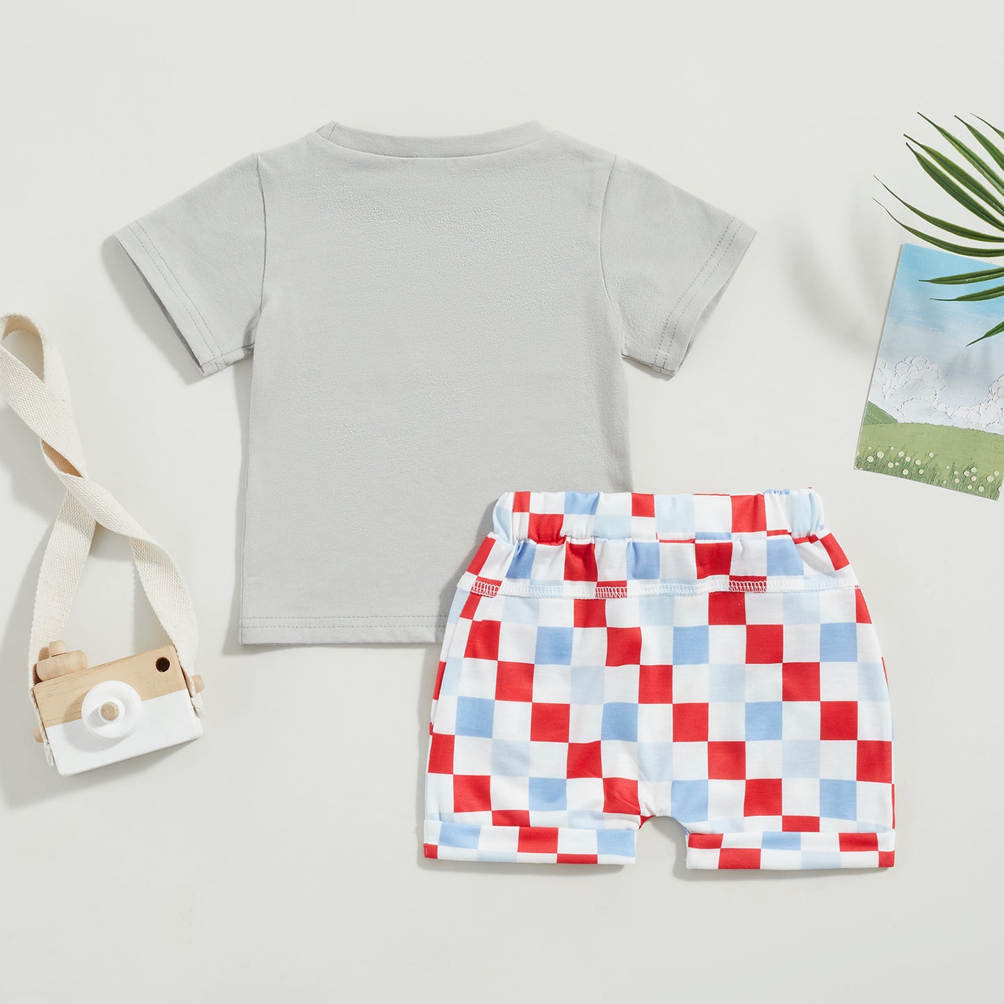 0-3Y American Baby Girls Boys Clothes Sets Letter Print Short Sleeve T-Shirts and Checkerboard Shorts 2Pcs