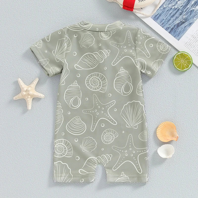 0-3Y Infant Baby Boys Summer Swimwear Cute Sea Element Prints Zipper Short Sleeve Swimsuit Beachwear