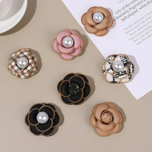 Elegant Fabric Camellia Flower Brooch - Pearl Crystal Lapel Pin for Women