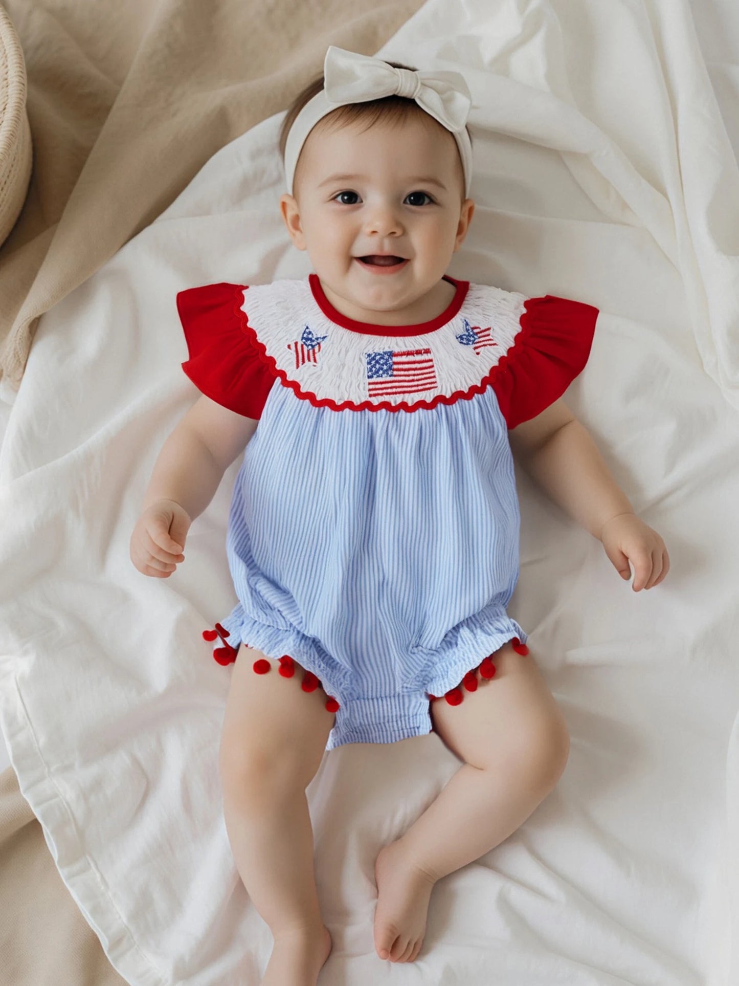 Baby Girls Summer Romper - Ruffles Tassel Flutter Sleeve Striped Flag Embroidery (0-18M)