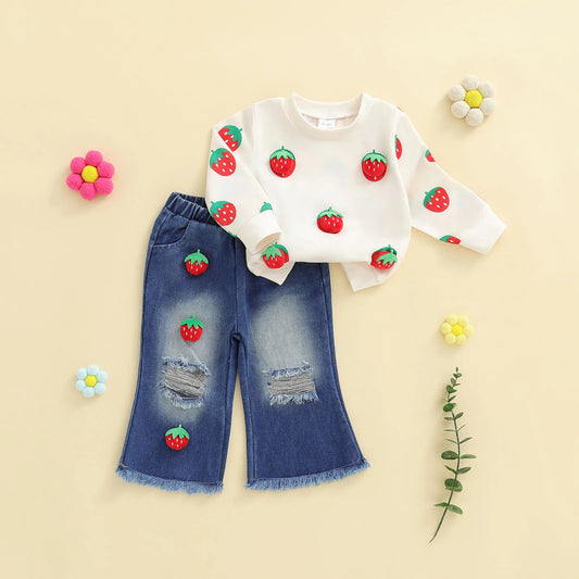 Kids Girls Fall Winter Clothes Set - 3D Strawberry Long Sleeve Pullover Top & Ripped Denim Flare Pants