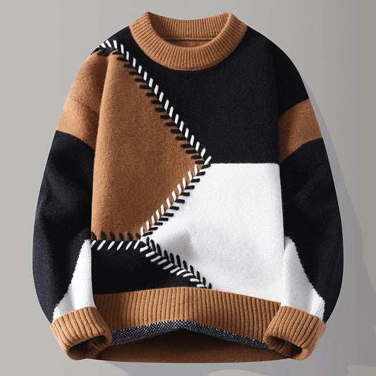 Men's Autumn Winter Patchwork O-Neck Knit Sweater - Casual Warm Pullover