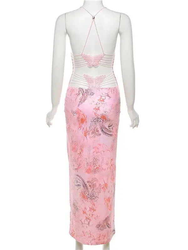 Women's Maxi Backless Butterfly Print Sleeveless Thin Line Summer Party Dress